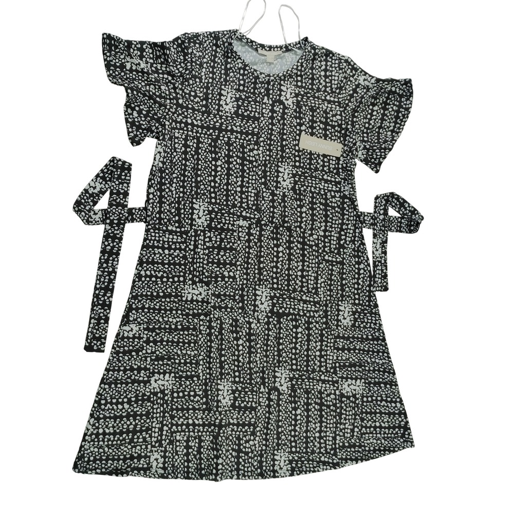 Sunny Leigh Tegan Black White Geometric Ruffle Sleeve Tie Waist Dress Size L